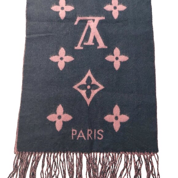 LOUIS VUITTON Reykjavik Navy Blue & Lavender Reversible Cashmere Scarf Pre-Owned - Picture 4 of 11